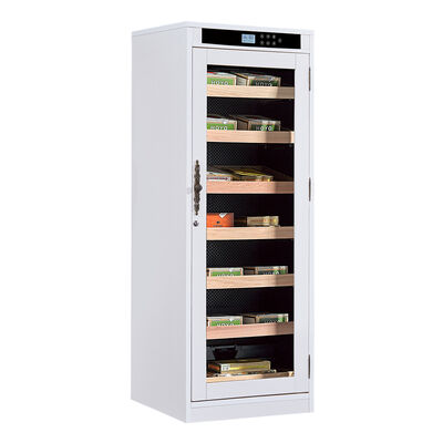 Modern White Cigar Cooler Humidifier with Adjustable Humidity 65-75% RH, Touch Screen Control, and Locking Tempered Glass Door